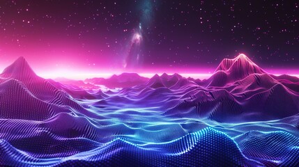 Poster - An abstract geometric background, a virtual reality environment with mountains, a neon lit mesh surface.