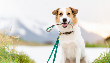 Dog sitting concept with happy active dog holding pet leash in mouth ready to go for walk