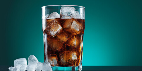 a glass of coke full of sugar and some cubes isolated on a light blue backround сreated with Generative Ai