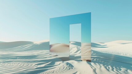 Abstract fantastic panoramic background. Sand water and square mirror in a desert landscape under a blue sky. Modern minimal aesthetic wallpaper.