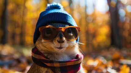 Wall Mural - A squirrel wearing a hat, sunglasses and scarf while sitting on leaves, AI