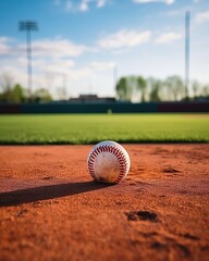 Baseball ball on a baseball field with blurry background