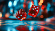 Two red dice are flying in the air. The image has a playful and fun mood. The bright colors of the dice and the way they are suspended in the air create a sense of excitement and anticipation