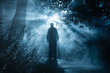 An enigmatic figure stands in silhouette, shrouded in spectral, paranormal light, creating a ghostly and supernatural atmosphere.