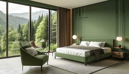 Wall Mural - Modern bedroom interior with green walls, bed and armchair near window with view on forest landscape