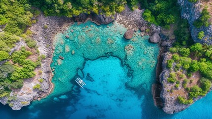 Wall Mural - An aerial view of a boat in the middle of an ocean, AI