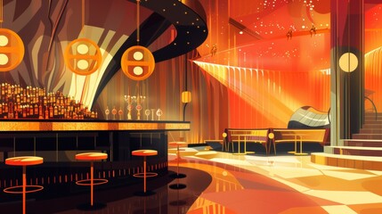 Poster - A bar with a lot of stools and lights in the background, AI