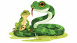 Cartoon green snake eating a frog flat vector isolated