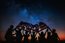 The Silhouette Of A Group Forming A Circle, Each Person Holding A Part Of The American Flag As It Waves Gently, Against The Backdrop Of A Star-filled Night Sky, Representing Unity And Solidarity,
