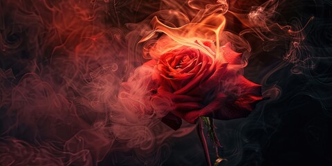 Wall Mural - Red rose in smoke on a dark background romance 