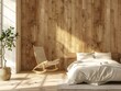 Modern bedroom interior with a wooden wall and bed, a rocking chair near it