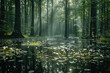 minimalistic forest with ray of sun and reflections in the water, flowers in the water 