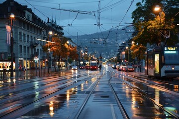 Wall Mural - Blitz of city street with tram tracks in the evening after rain, center, lights on buildings and cars