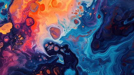 Wall Mural - Vibrant abstract acrylic pour painting with a colorful blend of orange, yellow, blue, and white creating a dynamic, fluid art background.