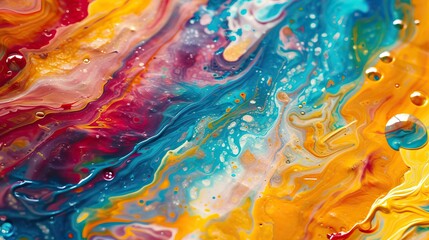 Wall Mural - Vibrant abstract acrylic pour painting with a colorful blend of orange, yellow, blue, and white creating a dynamic, fluid art background.