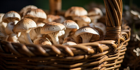 Wall Mural - top view close up of a mushroom basket are displayed on the garden сreated with Generative Ai