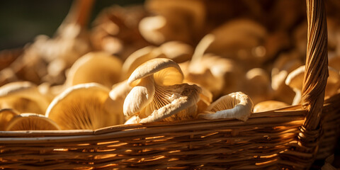 Wall Mural - top view close up of a mushroom basket are displayed on the garden сreated with Generative Ai