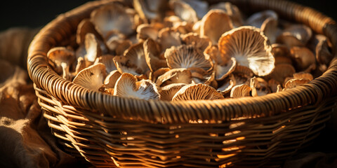 Wall Mural - top view close up of a mushroom basket are displayed on the garden сreated with Generative Ai