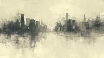  Black and white sketch city with reflection drawing.