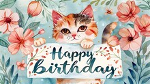Happy Birthday Postcard. Watercolor Hand Painting With Stylized Beautiful Cute Cat Holding Sign With Inscription Happy Birthday