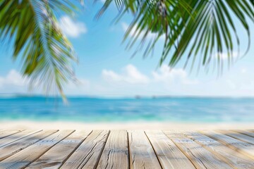 Wall Mural - Wooden table top with blurred tropical beach background for product display and summer