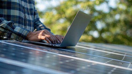 Wall Mural - Installing solar panels for sustainable energy. Electrical engineer holds laptop