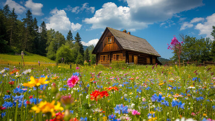 Wall Mural - Tranquil countryside scene with a rustic wooden cabin, surrounded by colorful wildflowers.