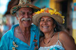 Elderly Latino couple with hats, smiling joyfully, vibrant and loving.