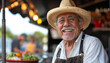 Joyful older Latino man in a hat, smiling widely at a market.