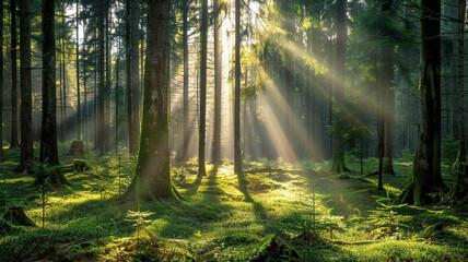Wall Mural - Tranquil forest clearing with rays of sunlight filtering through the tall trees.
