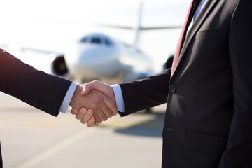 businessmen shaking hands with aircraft taking off in the background