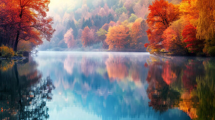 Poster - Tranquil lake surrounded by colorful autumn foliage and reflected in calm waters.