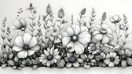 Wall Mural - Flowers and plants Sketches, Sketch style Black and white lines, Vertical composition. Generative Ai