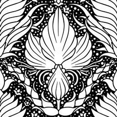 Wall Mural - Seamless pattern of white Damask motifs on a black background. Floral abstract repeat monochrome background.