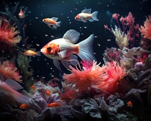 Poster - Fish in freshwater aquarium with beautiful planted tropical. Colorful back