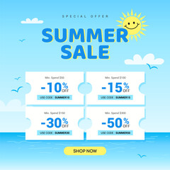 Wall Mural - Summer sale coupon promotion template vector illustration. Sea background