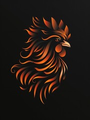 Wall Mural - A black and orange rooster head on a black background. A magical creature made of fire.