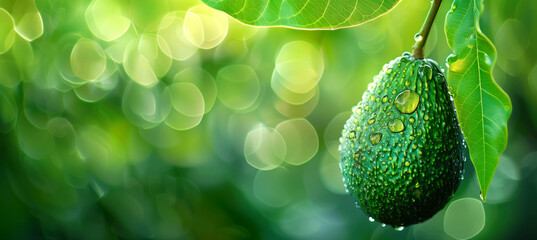 Canvas Print - Avocado close-up with drops of moisture on a light green background with splashes of water