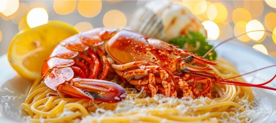 Wall Mural - Delicious pasta with seafood on blurred restaurant background, copy space for text