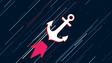 Poster - Sea anchor symbol flies through the universe on a jet propulsion. The symbol in the center is shaking due to high speed. Seamless looped 4k animation on dark blue background with stars