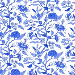 Wall Mural - Seamless pattern with monochrome blue chinoiserie hand drawn motifs. Floral wallpaper with orintal folk style ornament.