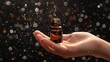 Close shot of a female hand holding a essential oil bottle against a dark backdrop and waterdrops are falling, Generative AI.