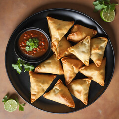 Indian samosas png on a black plate, delicious vegetarian samosa with dipping sauce isolated on transparent background, traditional food bright colors