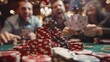 Portrait of poker chips falling and people winning a celebration type backdrop with space and blurry backdrop, Generative AI.