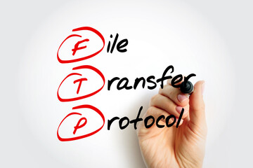 Poster - FTP File Transfer Protocol - standard communication protocol used for the transfer of computer files from a server to a client on a computer network, acronym text with marker