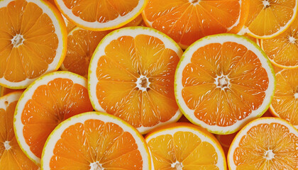 Sliced fresh orange fruits background bright colors