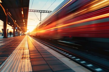 High speed red train at Italian station during sunset.