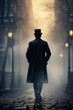 Within the dimly lit city alley, a mysterious man clad in a black coat and top hat strolls alone, evoking the ambiance of a cinematic historical thriller set in the 19th or 18th century.