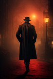 Fototapeta Most - Noir Solitude: Amidst the hazy glow of streetlights, a lone silhouette adorned in a black coat and top hat traverses the deserted city alley, evoking a sense of solitude and intrigue reminiscent of cl
