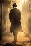 Fototapeta Most - Enigmatic Wanderer: Amidst the urban shadows, a mysterious man clad in a black coat and top hat wanders the city alley, reminiscent of a character from a cinematic noir masterpiece of the 18th or 19th